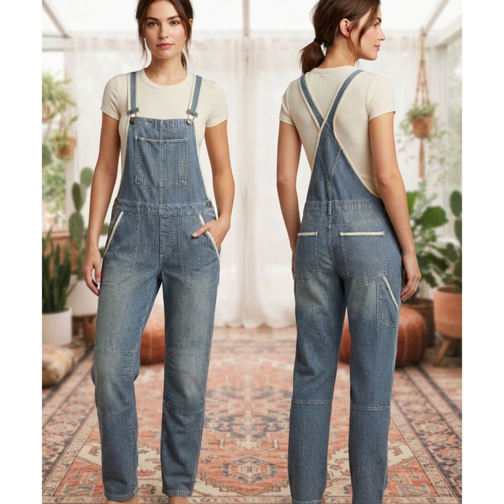 Free People Herringbone Denim Overalls Size 29 Vintage Striped Utility Jumpsuit